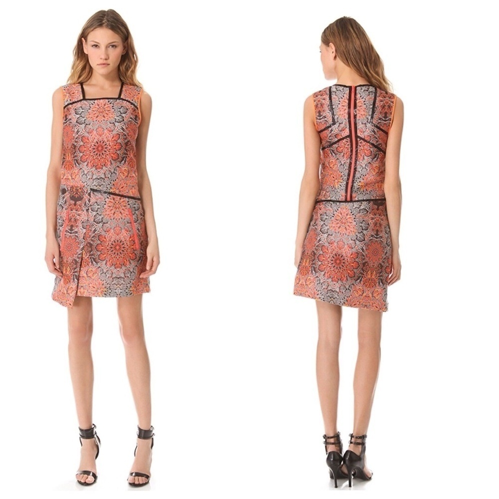 Helmut Lang Asymmetric Neon Orange Floral Medallion Jacquard Printed Mini Dress